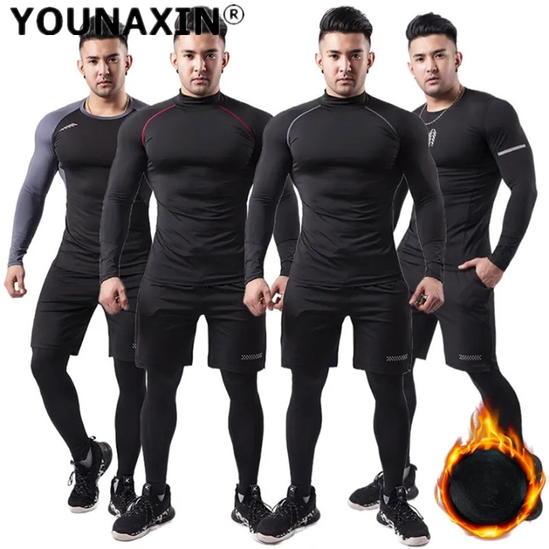 T Shirt Tight Fit - 3-częściowy męski pluszowy ciepły strój sportowy,